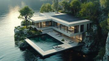 Modern house surrounded by lush greenery reflecting on a tranquil pond during sunset photo