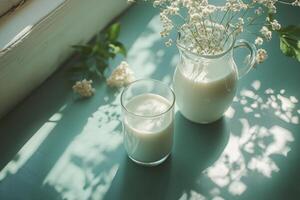 A white ceramic pitcher and a glass of milk on a green surface with soft sunlight filtering through photo