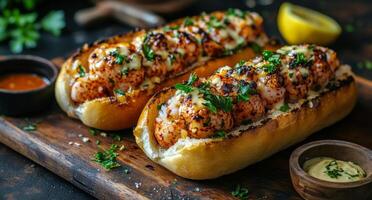 Delicious lobster rolls served with creamy sauces and fresh herbs on a wooden board photo