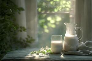 A white ceramic pitcher and a glass of milk on a green surface with soft sunlight filtering through photo