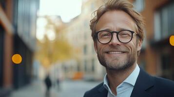 A smiling older man wearing glasses and a cozy sweater enjoys a warm day at a cafe photo