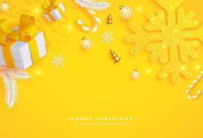 merry christmas greeting background design featuring festive text with pine trees and gift box decorations on a rich yellow backdrop. vector
