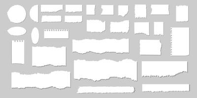 Collection of a big set of white torn paper sheets with isolated realistic shadow effect, collection of ripped paper strip element set. vector