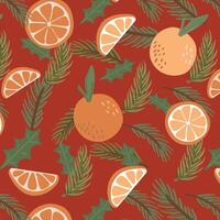 Christmas citrus pattern on red background vector