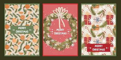set of christmas and new year greeting card with wreath, gift boxes, citruses, fir branches vector
