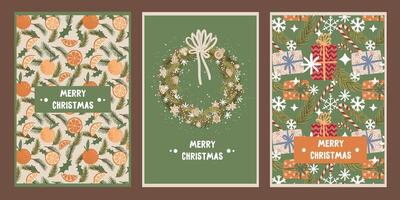 set of christmas and new year greeting card on green and beige backgrounds vector
