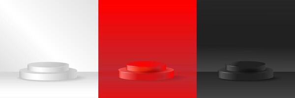 Realistic luxury 3d background with cylinder podium set White Red Black colors .Minimal scene for product display presentation.Stage for showcase. Abstract circles layers scene . illustration vector