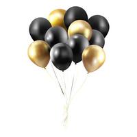Balloons bunch Black and gold color Realistic illustration. Glossy flying Balloons bouquet with ribbons for holidays,festive decoration design isolated on white background vector