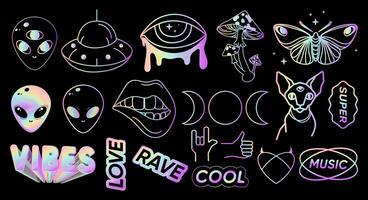 Holographic psychedelic symbols stickers icons emblems collection. Mysterios Psychedelic signs and symbols hologram effect iridescent set with mushrooms,alien, butterfly, esoteric theme designs. vector