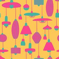 Bright hand drawn lamps seamless pattern. Different types of chandeliers on yellow background vector