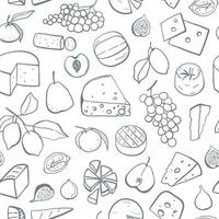 Cheese and fruits seamless pattern in hand drawn doodle style. Monochrome design for textile, menu, wrapping paper, cover vector