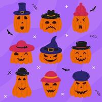 Scary Halloween pumpkin set stickers. A collection of hand drawn pumpkin with character face in different hat. illustration vector