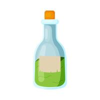 Magic green potion in a glass bottle with a stopper in flat cartoon style isolated without background. illustration vector