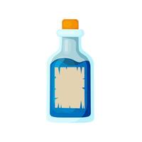 Magic blue potion in a glass bottle with a stopper in flat cartoon style isolated without background. illustration vector