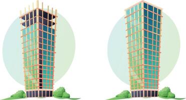 Tall building under construction and finished. Construction site concept. Set of illustrations in cartoon style isolated on white background. vector