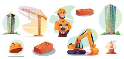 Large set of illustrations dedicated to construction. Transport for building construction, materials for work, builder man. illustrations in cartoon style. vector