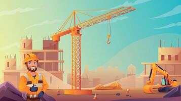 Construction site background. Unfinished building and construction crane and excavator. Man in uniform with thumb up gesture. illustration in cartoon style. vector