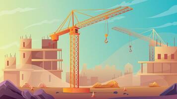 Construction site background. Unfinished building and construction crane in the foreground. illustration in cartoon style. vector