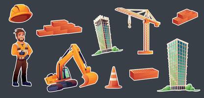 Large set of sticker illustrations dedicated to construction. Transport for building construction, materials for work, builder. illustrations in cartoon style. vector