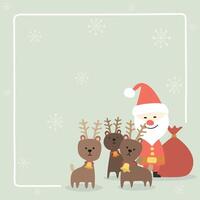 Cute Santa Claus and reindeers childish style with doodle frame and snowflakes background have blank space graphic illustration. Merry Christmas greeting card square template. vector