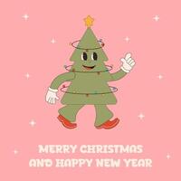 Christmas green tree with happy smiling face. Groovy retro Christmas illustration. Holly jolly vibes. vector