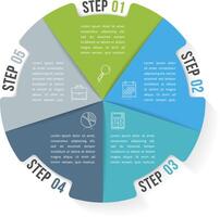 Circle infographic template with five elements, steps or options, workflow or process diagram vector