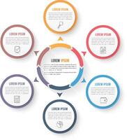 Circle infographic template with six elements, steps or options, workflow or process diagram, data vizualization vector