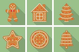 Set of gingerbread Christmas cookies with long shadows - man, tree, house, star, bell and circle vector