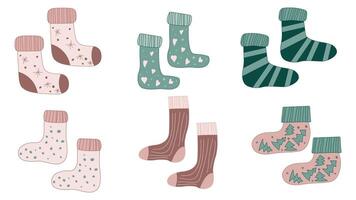 Christmas sock template with winter pattern design. Xmas icon with hosiery pair for national day in December. Two autumn warm short foot cloth. Cotton or wool cute graphic with tree ornament set. vector