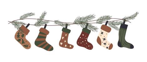 Santa sock for Christmas stocking hanging on rope with stripe ornament pattern. Holiday tradition for merry xmas with warm festive apparel on ribbon or tree branch. Cute garland for kids advent. vector