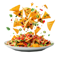floated Nachos food falling into a plate isolate on transparency background png