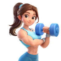3D cartoon girl with dumbbells on a transparent background. png
