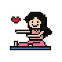 Very Cute pixel cartoon 8bit character woman exercises yoga training alone lifestyle for decoration. vector