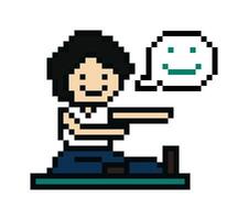 Cute pixel cartoon 8bit character man boy male exercise yoga training alone lifestyle decoration. vector