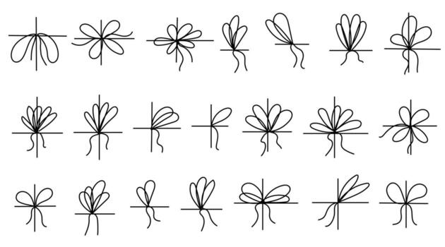 conjunto de sencillo negro arcos línea arcos en cinta. regalo cinta en cuerda para embalaje, letra y decoración. mínimo sencillo contorno lazo vector