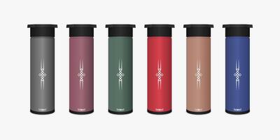 Set of sports or travel water bottles with different colors, realistic mockup on white background vector