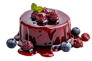 Luscious Raspberry Coulis Dripping Over a Petite Cake with Berry Garnish png