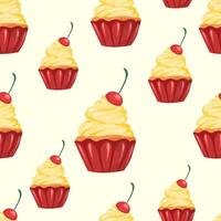 Pastry, sweet bakery seamless pattern with baked cupcakes with cream and cherry. Confectionery baking design. background for wrapping paper, package print, cafeteria and shop wallpapers vector