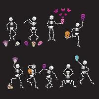Set of skeletons dancing with sugar skulls. illustration on black background. vector