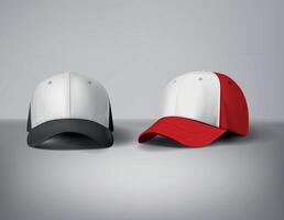 Black and red baseball caps mock up with logo in gray background, front sides. For branding and advertising. vector