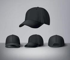 Black baseball caps mock up with logo in gray background, front sides. For branding and advertising. vector