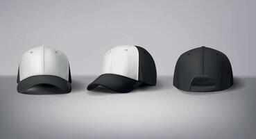 Black and white baseball caps mock up with logo in gray background, front sides. For branding and advertising. vector