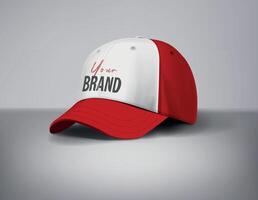 Red baseball caps mock up with logo in gray background, front sides. For branding and advertising. vector