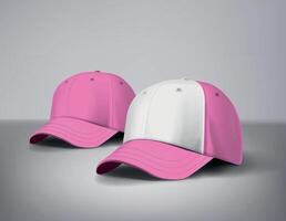 Pink girly baseball caps mock up with logo in gray background, front sides. For branding and advertising. vector