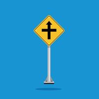 road sign icon, crossroad ahead, side roads to right and left on yellow rhombus. board.suitable for poster use and web icon vector