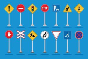 warning traffic signs collection, traffic signs illustrations of various types on metal poles. suitable for poster use and web icons vector