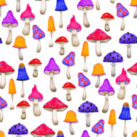 Seamless background with toxic mushrooms. Color toadstool with bright caps. Hand drawn pattern on isolated background png