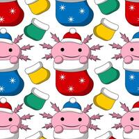 Seamless pattern with Cute Christmas Axolotl in sock vector