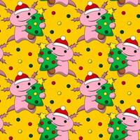 Seamless pattern with Cute Christmas Axolotl with Christmas Tree vector