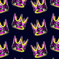 Seamless background with crowns with halftone effect in retro collage style. Crowns cut out of paper and painted with pencils and markers in bright neon colors. Punk background design. vector
